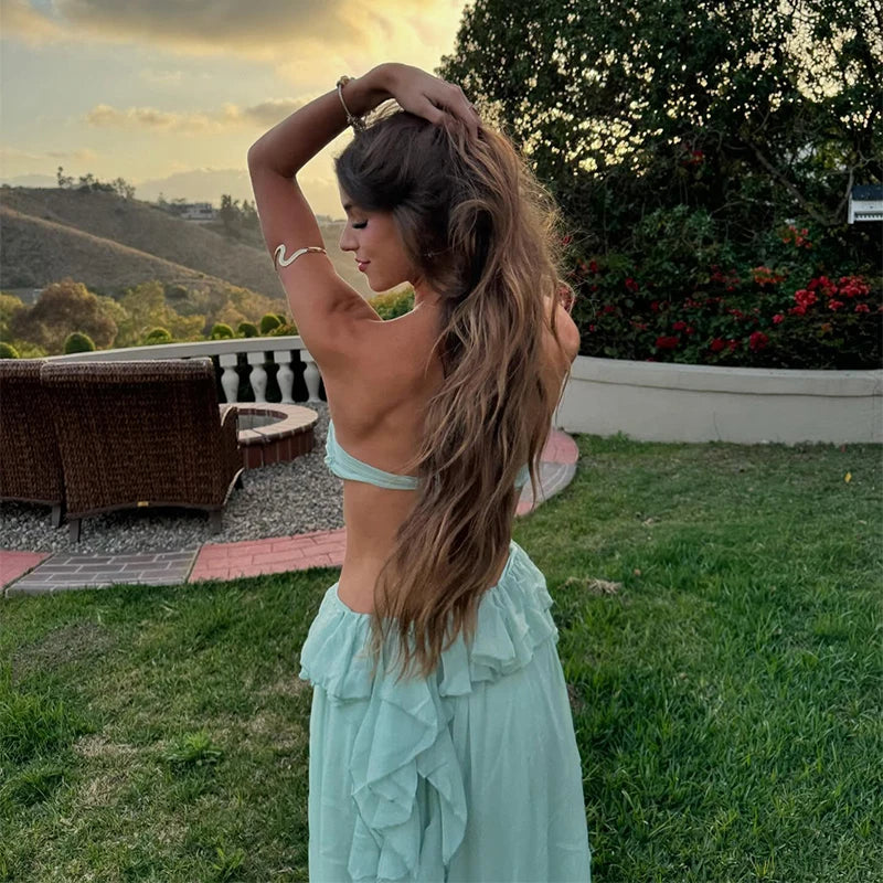 Maxi Dress Backless Sleeveless (Green , Pink)