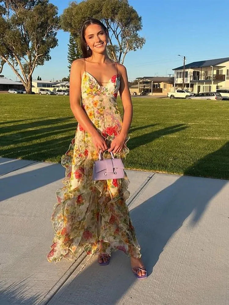Ruffles Flower Print Sling Maxi Dress
